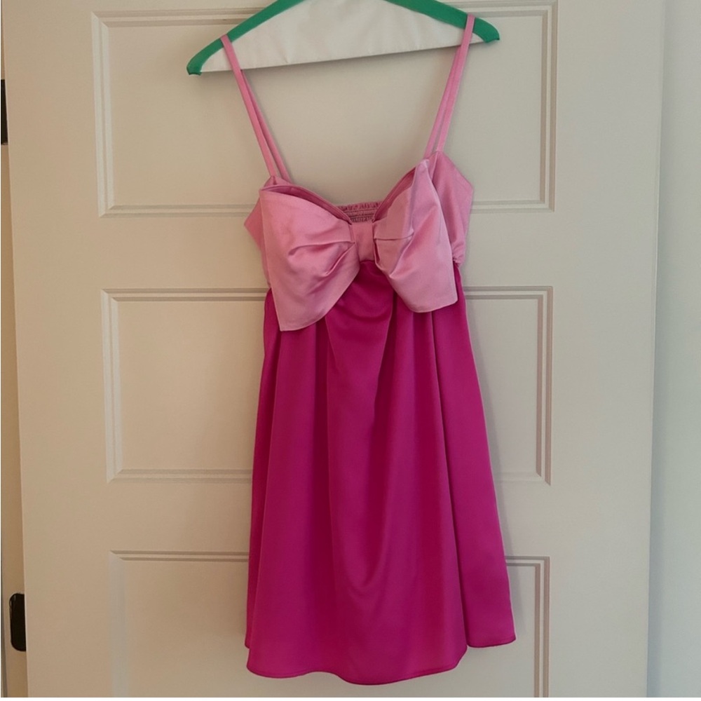 Satin Best Bow Dress in Colorblock Pink